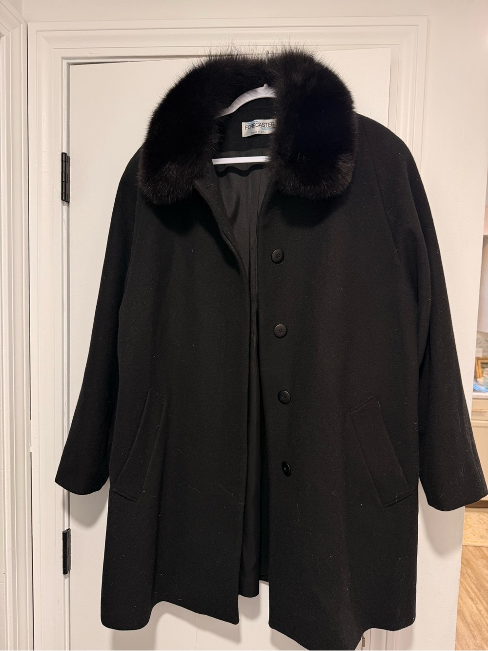 Women's Black Wool Pea Coat with Fur Collar